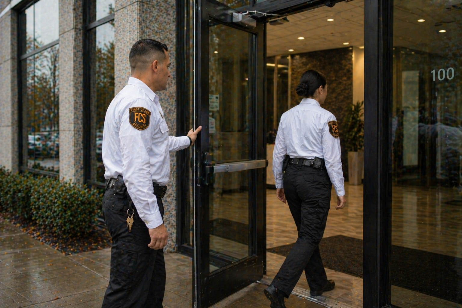 First Class Security onsite officer at a corporate property entrance in Nashville