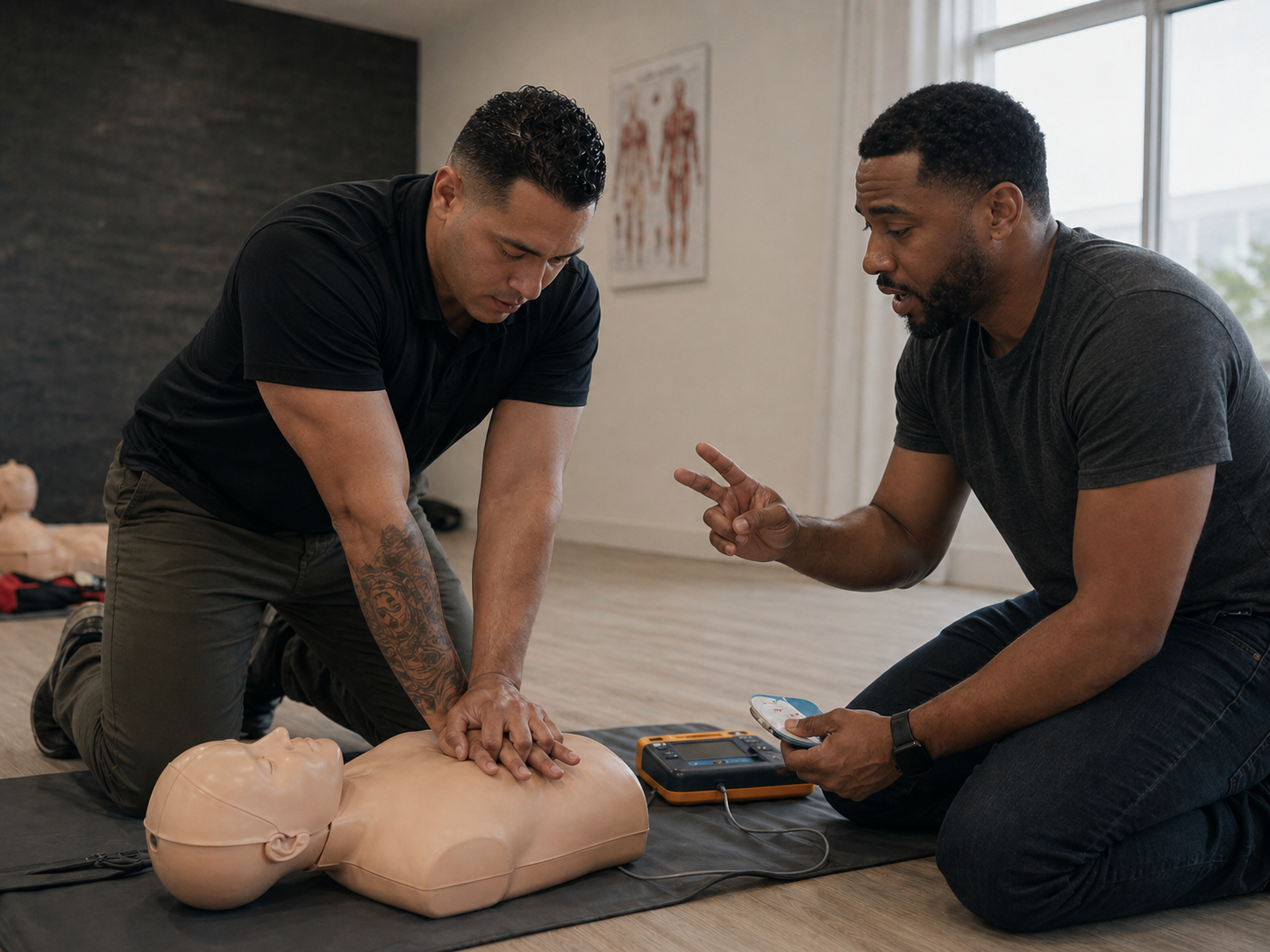 Two First Class Security officers training in CPR on the floor of the FCS training room in Nashville TN