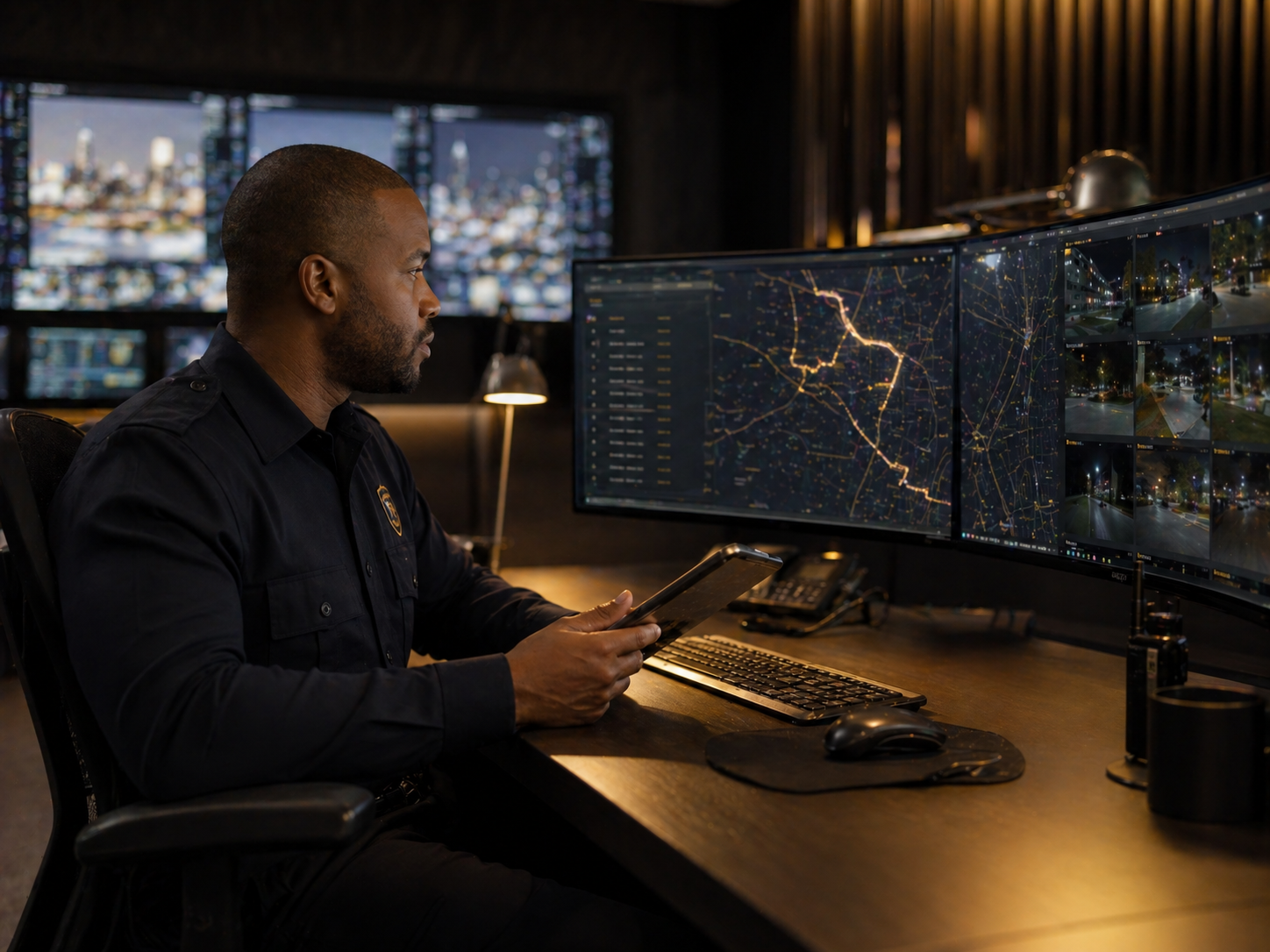 First Class Security supervisor monitoring GPS patrol routes and time stamped activity reports from a Nashville dispatch center